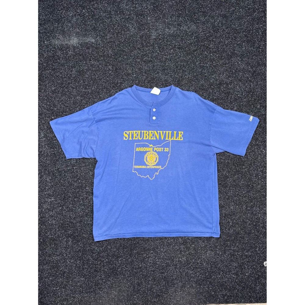 Vintage Bike Steubenville Argonne Post 33 Henley Shirt Blue XL Win The Last One